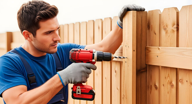 Man installing wooden fence with electric drill. Home improvement and construction concept for handyman services website banner.