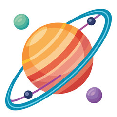 A colorful vector illustration of the planet Saturn with its rings and moons © GFXShani