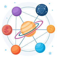 A colorful vector graphic illustration of the solar system with planets and orbits © GFXShani