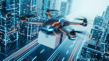 A futuristic drone delivers a package over a glowing smart city at night, representing advanced urban logistics, e-commerce, and high-tech transportation.
