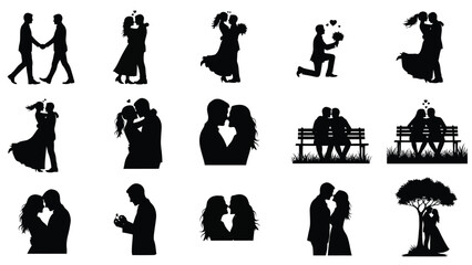 Collection of romantic couple silhouettes in various loving poses and scenarios on white background with love and valentines day and wedding