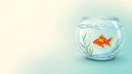 Single Orange Goldfish in Clear Bowl with Aquatic Plants &ndash; Minimal Watercolor Illustration on Ivory to Aqua Gradient with Copy Space for Nowruz Renewal