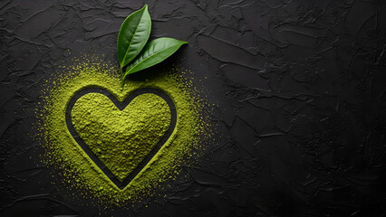 Matcha Tea Powder Heart Green Leaves Black Background