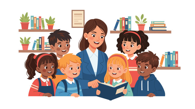 Enthusiastic female teacher reading aloud from a book to a diverse group of happy young children in a colorful library, fostering early literacy and education.