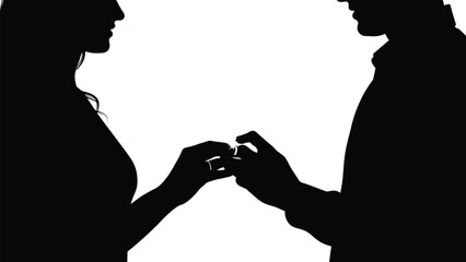 Silhouette of a man proposing to a woman with a ring on a white background romantic relationship engagement with proposal and love and commitment