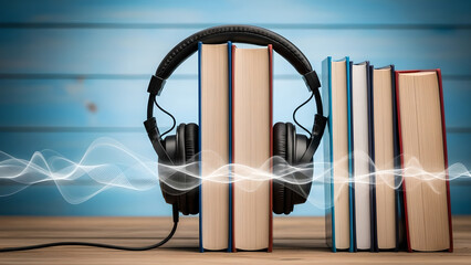 Audiobook Headphones Books Sound Waves Horizontal Blue Background