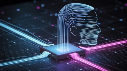 Futuristic AI processing data, symbolizing artificial intelligence and technological advancement with a digital human head.