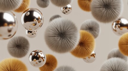 Abstract arrangement of fluffy and reflective spheres in soft, warm light