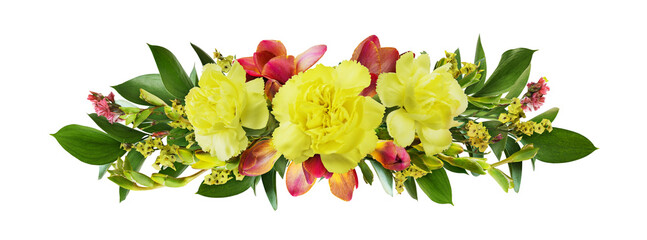 Yellow carnations and red freesia flowers with green leaves of ruscus in a floral line arrangement isolated on white or transparent background