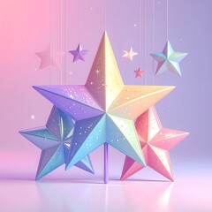Pastel-colored, star-shaped ornaments hanging against a gradient background