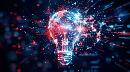 A vibrant digital illustration of a light bulb made of glowing blue and red data particles and polygonal connections, symbolizing innovation, technology, and AI concepts.