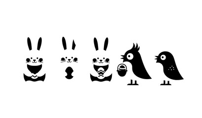 Fototapeta premium Minimal Easter bunny and bird vector characters holding eggs and baskets