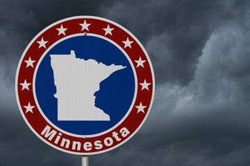 Minnesota map with stars on a US red, white and blue road sign