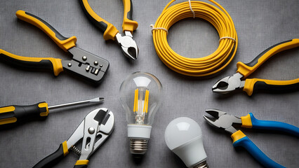 Electrical Tools Wire Light Bulbs Flat Lay Grey Background