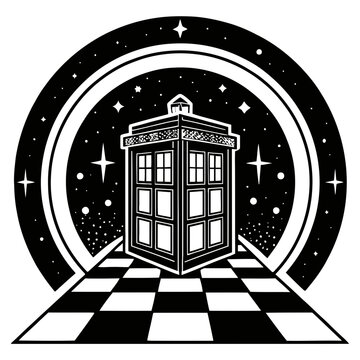 A black and white vector illustration of the TARDIS in space