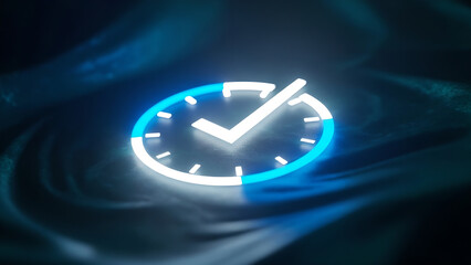 Time Management Clock Checkmark Blue Neon Icon