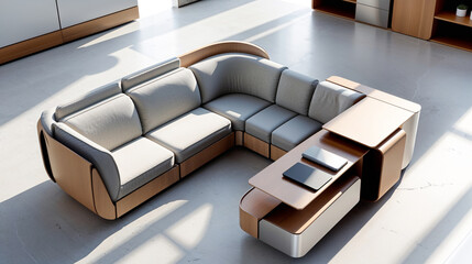 Modern L-shaped sectional sofa with integrated side table and sleek wood accents