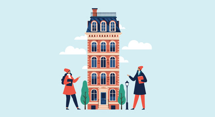 Diverse couple in warm winter outfits standing outdoors in front of a classic multi-story brick apartment building under a clear blue sky.