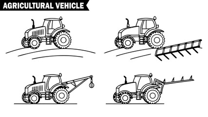 Set of four agricultural tractors with various attachments outline on transparent background farm machinery illustrations.