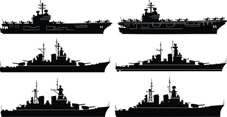 Military warship silhouette vector set, naval aircraft carrier and battleship icons, modern navy defense vessels isolated on white background © Riko Creations