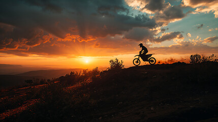 Silhouette of a motocross rider kicking up dust against a dramatic sunset sky