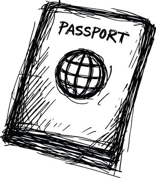 Hand drawn sketch style passport cover doodle with globe icon Black and white vector illustration of travel identification document