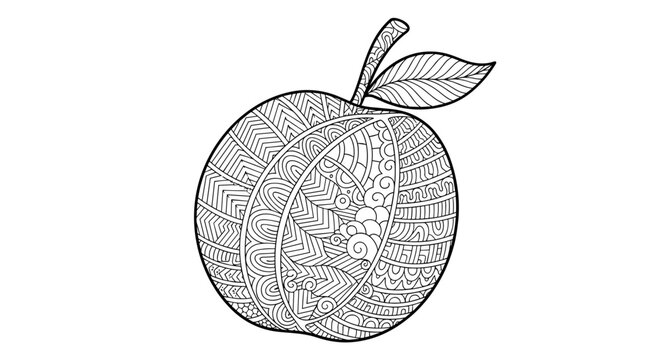 Intricate zentangle line art illustration of a single apple featuring complex geometric and swirling patterns for adult coloring book activities.