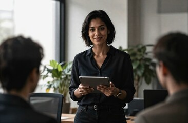 Confident businesswoman holding tablet leading office presentation