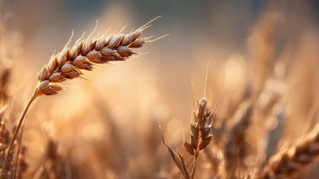 A close-up of golden wheat, bathed in warm sunlight, against a blurred background. The image evokes feelings of abundance and the beauty of nature.