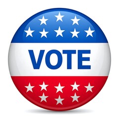 Patriotic button badge with the word "VOTE" in front of a white background