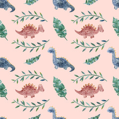 Seamless pattern with cartoon dinosaurs on a pink background. Drawn colored dinosaurs for children's room and textiles. Children's illustration