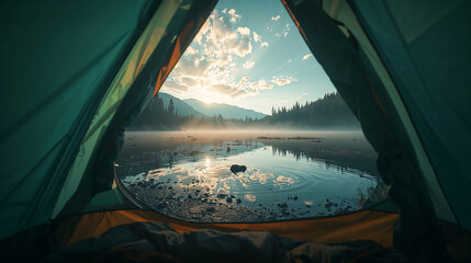 View from inside a tent at a misty lake during sunrise with mountains in the background