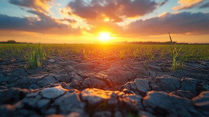 A sunrise illuminates a barren landscape with minimal vegetation, creating a warm color palette across the sky and ground.
