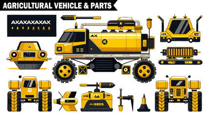 Agricultural vehicle and parts set isolated on transparent background, detailed vector illustration of farming equipment and machinery elements for various uses.