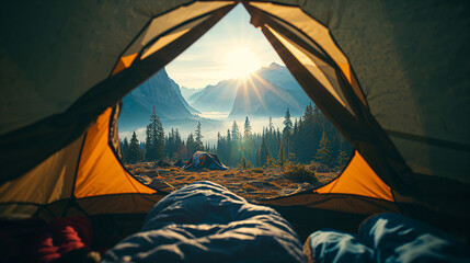 View from inside a tent at sunrise over a misty mountain valley with pine forest