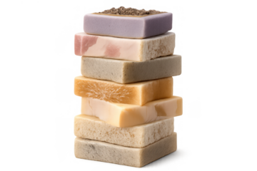 Stack of natural artisan handcrafted soap bars showing organic ingredients for skincare and wellness on transparent background