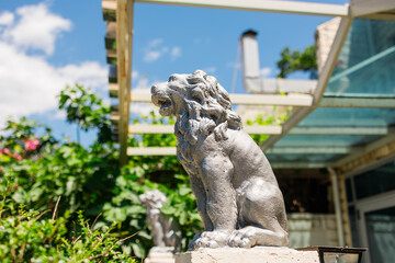 Stone lion statue in garden courtyard with pergola and greenery. Decorative sculpture, classical symbolism, outdoor design, and tranquil Mediterranean ambiance