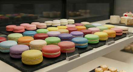 [AI] Colorful Macaron Assortment on Bakery Display Tray
