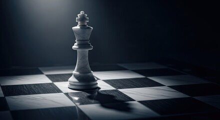 Strategic Maneuver: The chess king stands proudly on a checkered board, bathed in dramatic lighting, embodying power, strategy, and focused decision-making.