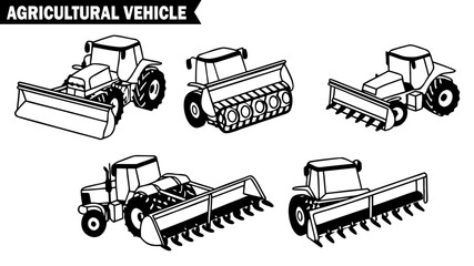 Agricultural vehicle set isolated on transparent background, detailed vector outline illustrations of various farming tractors and harvesters vector illustration. 