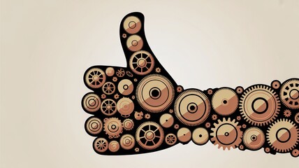 Positive approval symbolized by a thumb up formed from intricate metallic gears and cogs.