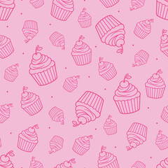 Cute vector seamless pattern with line illustrations of cupcakes on a pink background