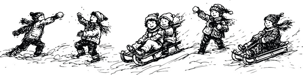 Vintage sketch illustration of children playing in the snow Sledding snowball fight and winter fun black and white drawing