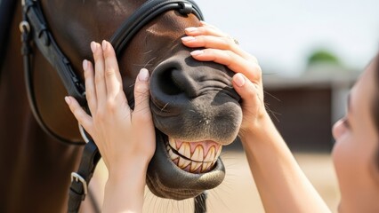 Close-up of a person gently touching a horses muzzle, showing its teeth in a playful expression.