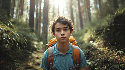 Young boy with backpack hiking through a sunlit forest trail