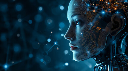 Close-up profile of a futuristic android face with glowing digital circuits and bokeh lights