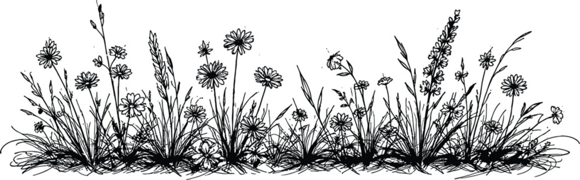 Black and white hand drawn wild grass and daisy flower border vintage sketch engraving style vector illustration