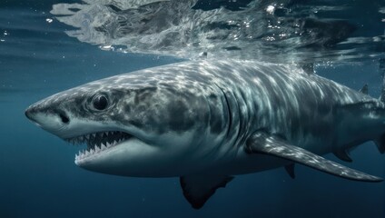 Fototapeta premium Great White Shark in Ocean Waters with Open Mouth.