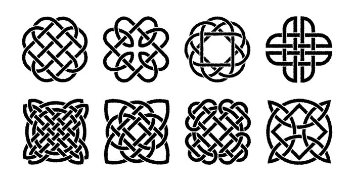 Celtic knot vector set with handcrafted ink texture, ancient interlaced symbols in tribal style. Decorative ornamental geometry inspired by medieval heritage and traditional pattern design.