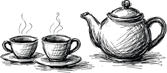 Hand drawn sketch of teapot and two steaming cups vector illustration isolated on white background